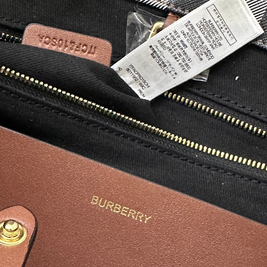 Burberry Medium Freya Tote Bag in Dark Birch Brown Check with Black Leather Trim