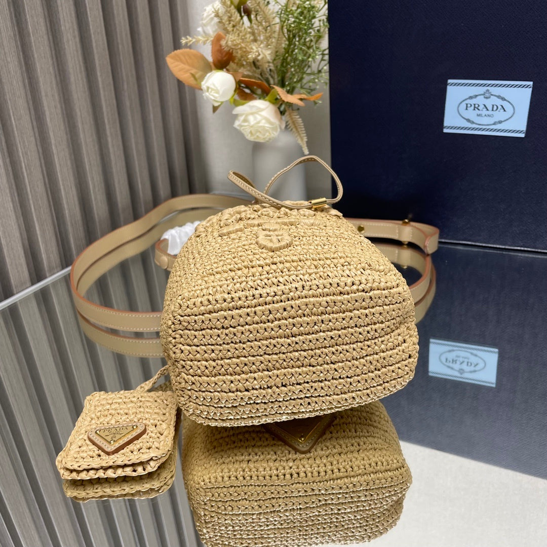 Prada Crochet Mini Bucket Bag – Beige Raffia with Leather Drawstring