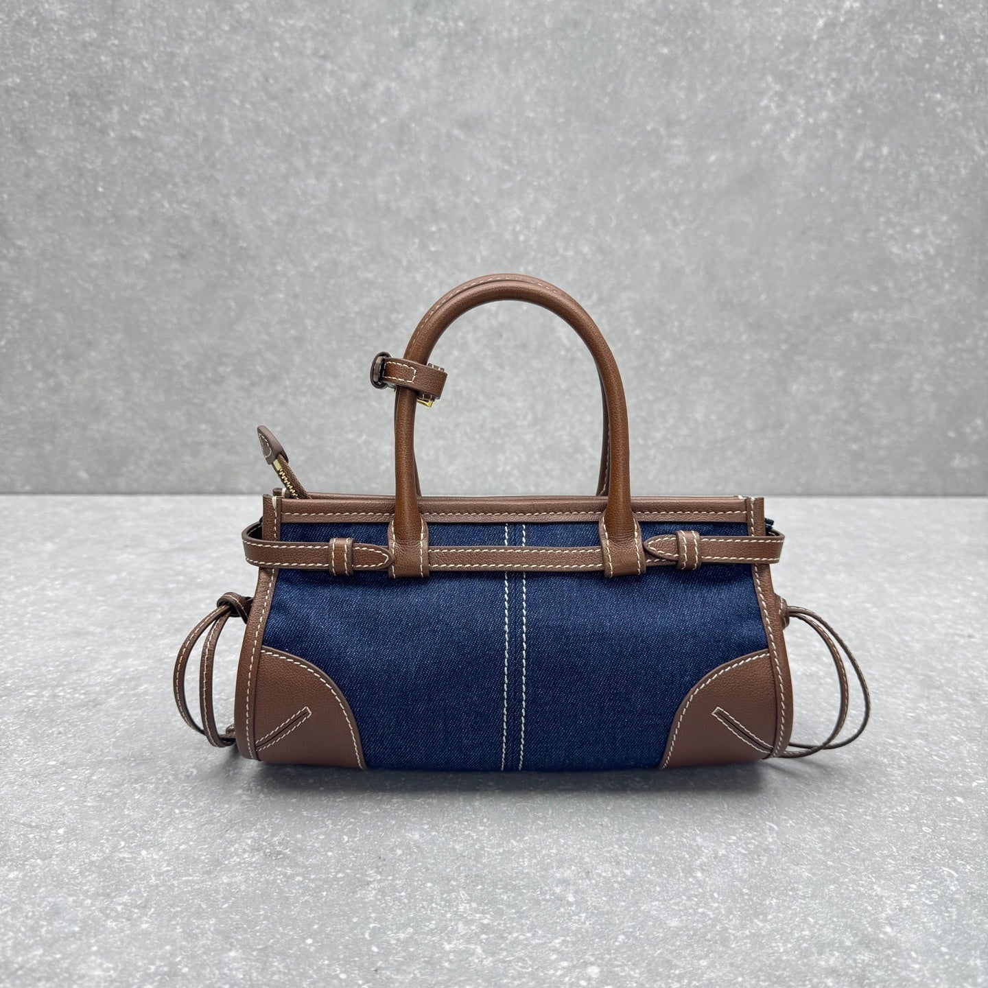 Prada Bonnie Medium Denim Handbag with Brown Leather Trim