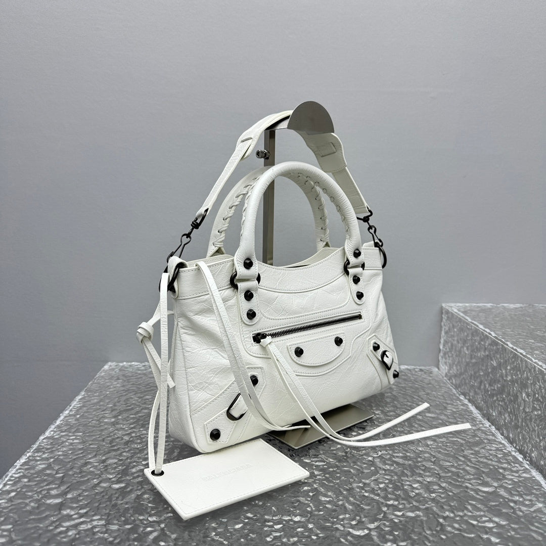 Balenciaga Le City Studded White Leather Satchel