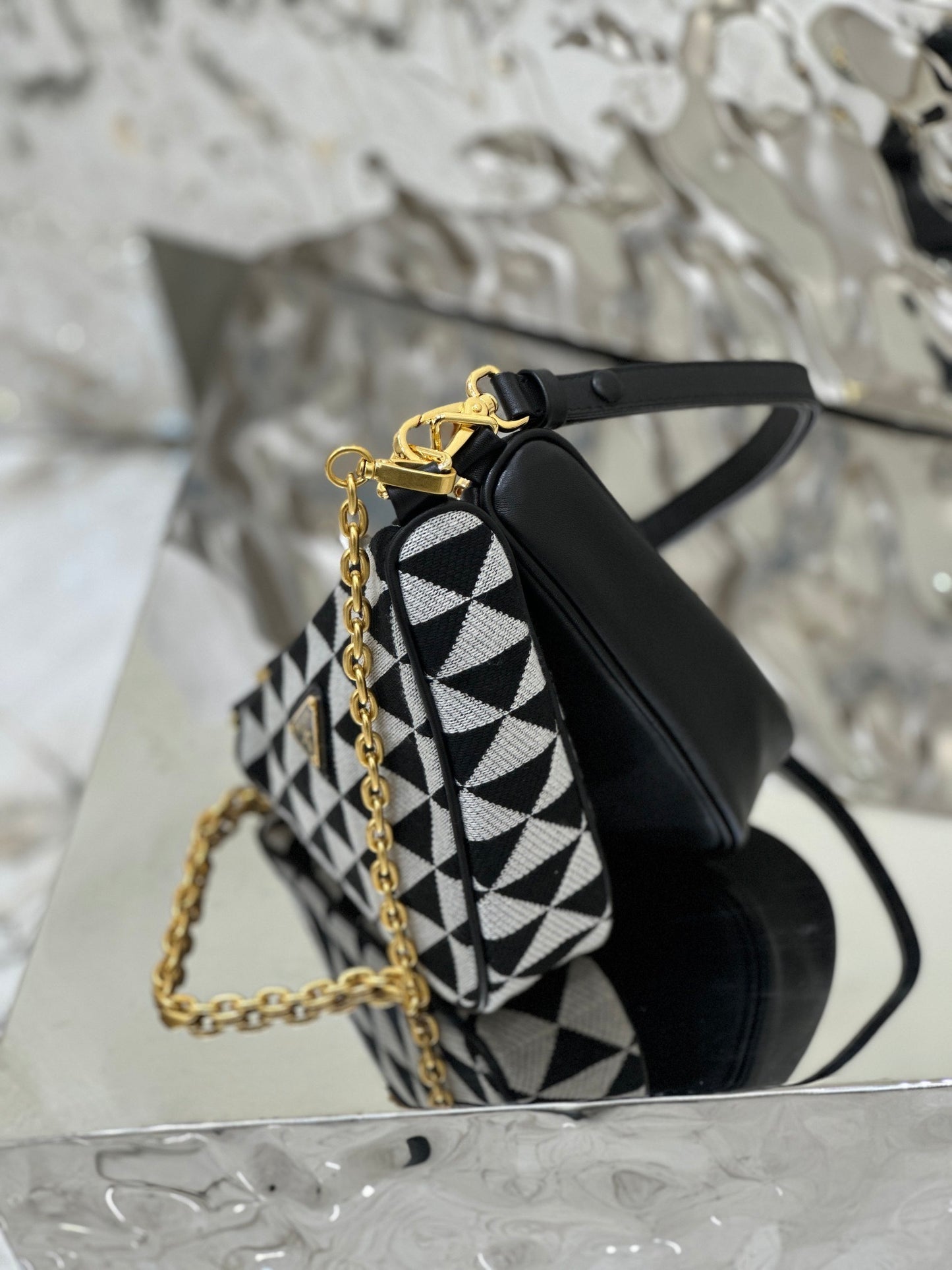 Prada Symbole Mini Jacquard Bag with Geometric Pattern and Chain Handle
