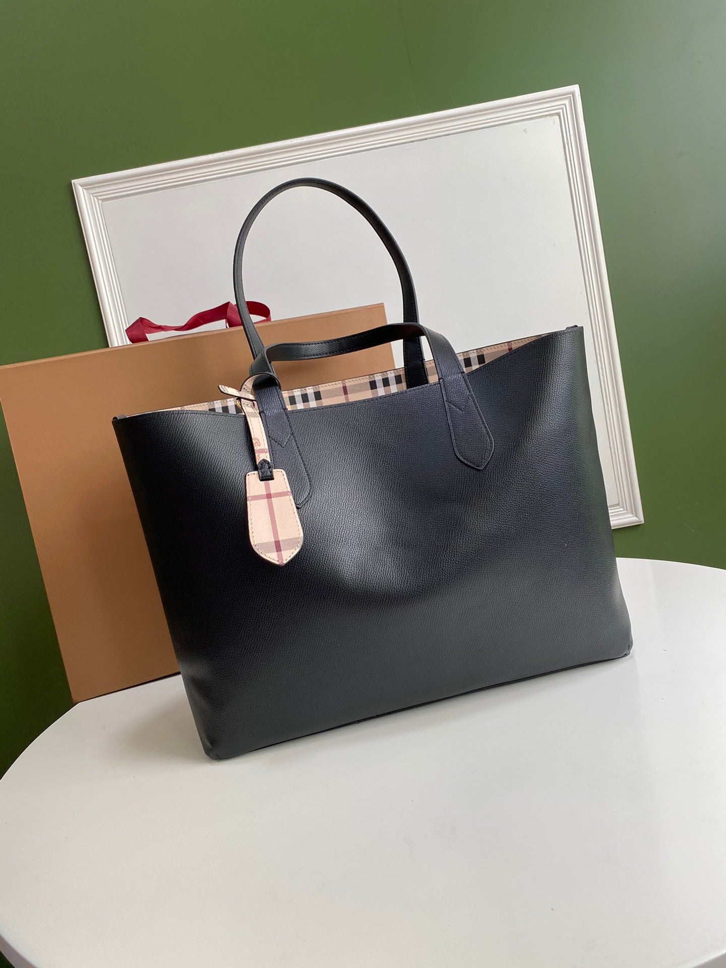 Burberry Reversible Haymarket Check Tote Bag with Black Leather Straps