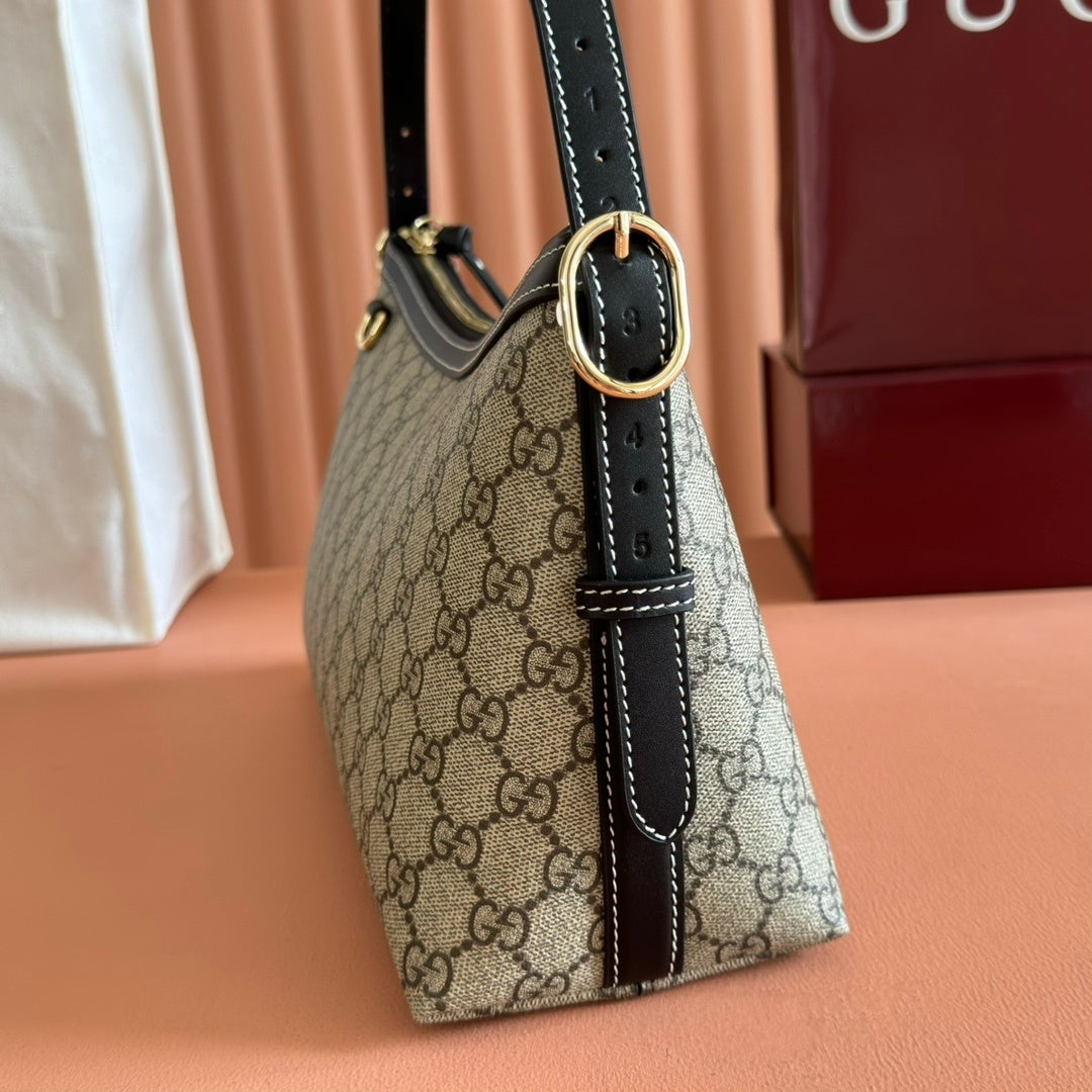 Gucci GG Emblem Medium Shoulder Bag in Beige & Dark Brown Fabric with Leather Trim