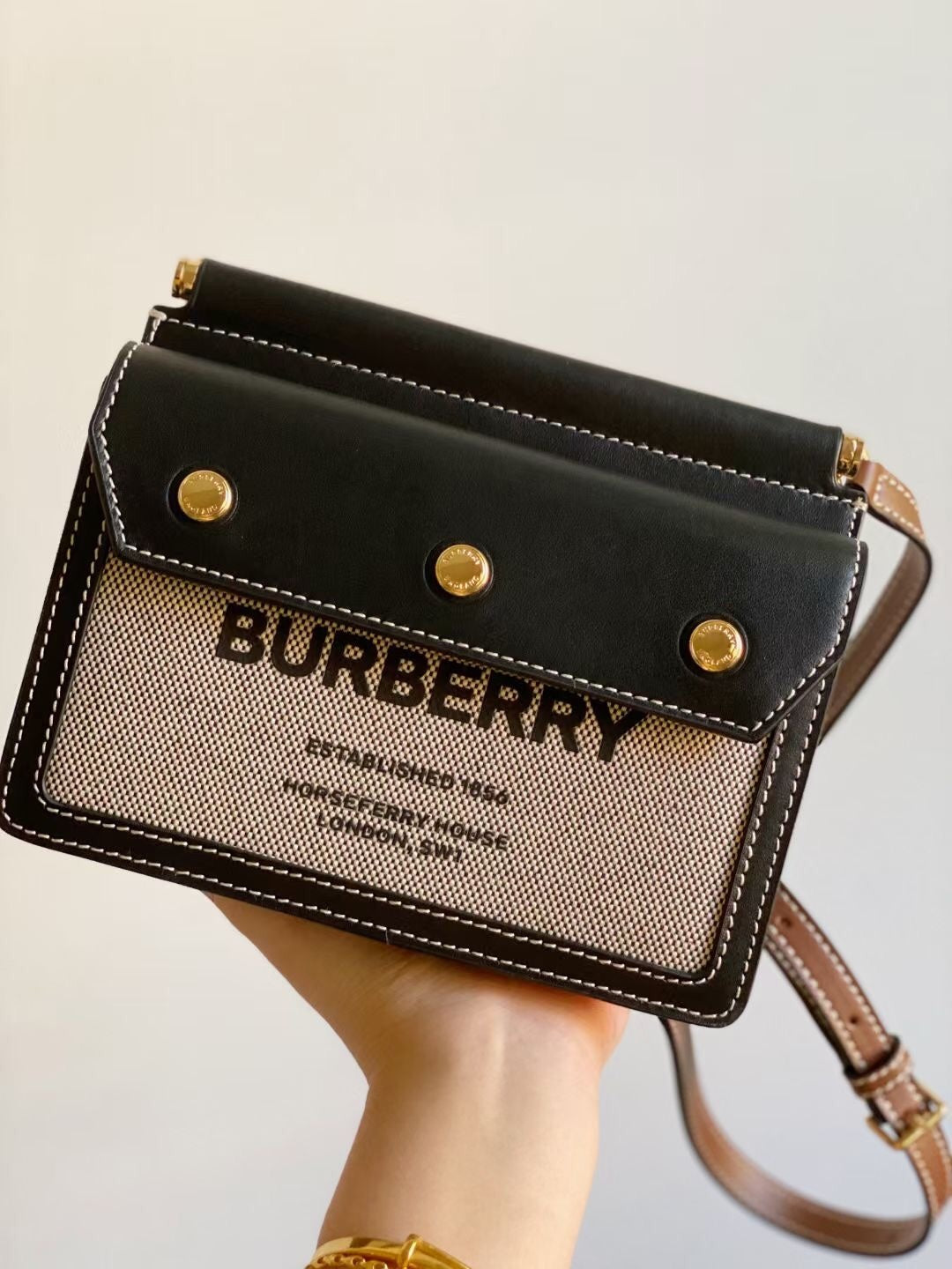 Burberry Mini Title Bag in Horseferry Print Canvas & Malt Brown Leather