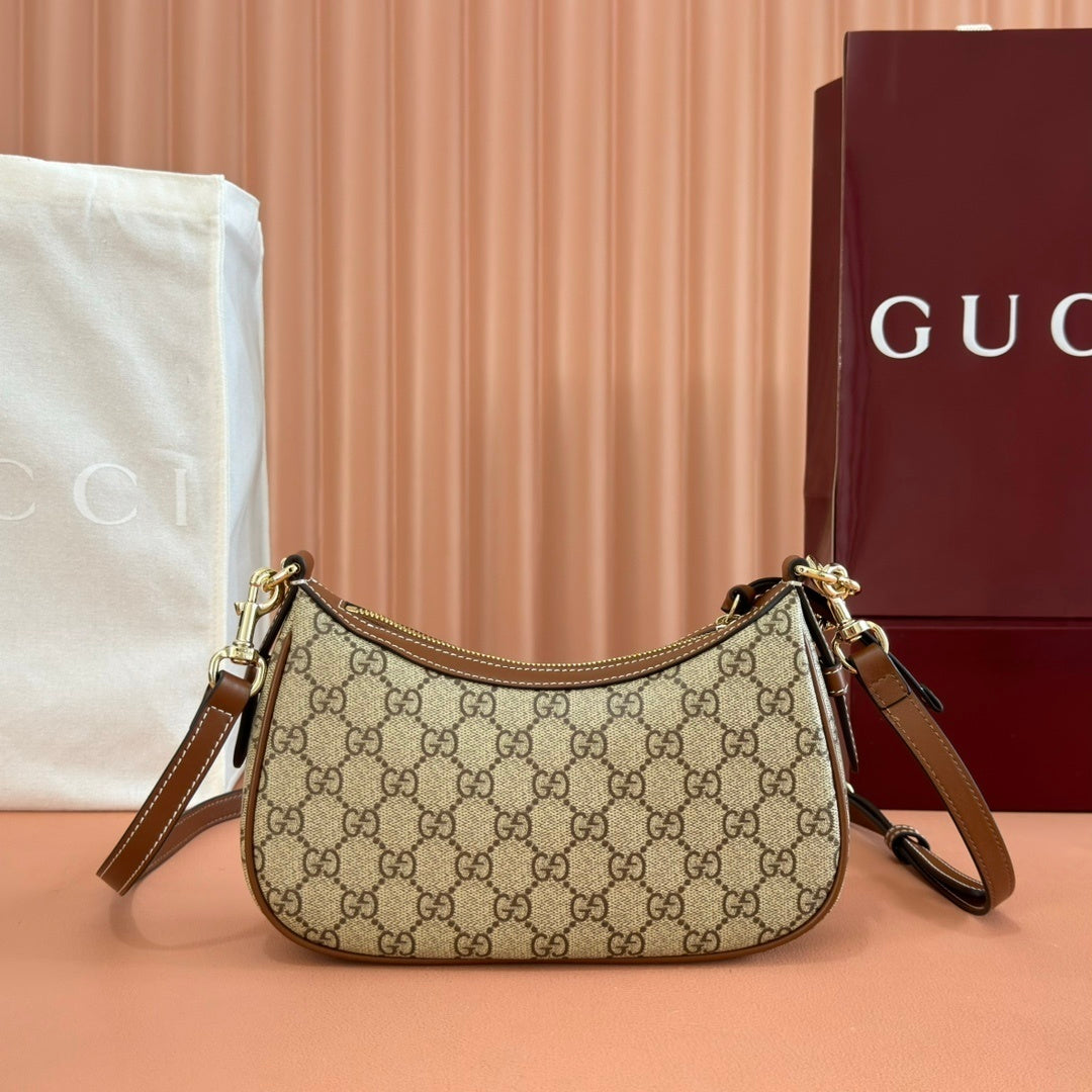 Gucci GG Emblem Small Shoulder Bag in Beige & Dark Brown Monogram with Brown Leather Trim