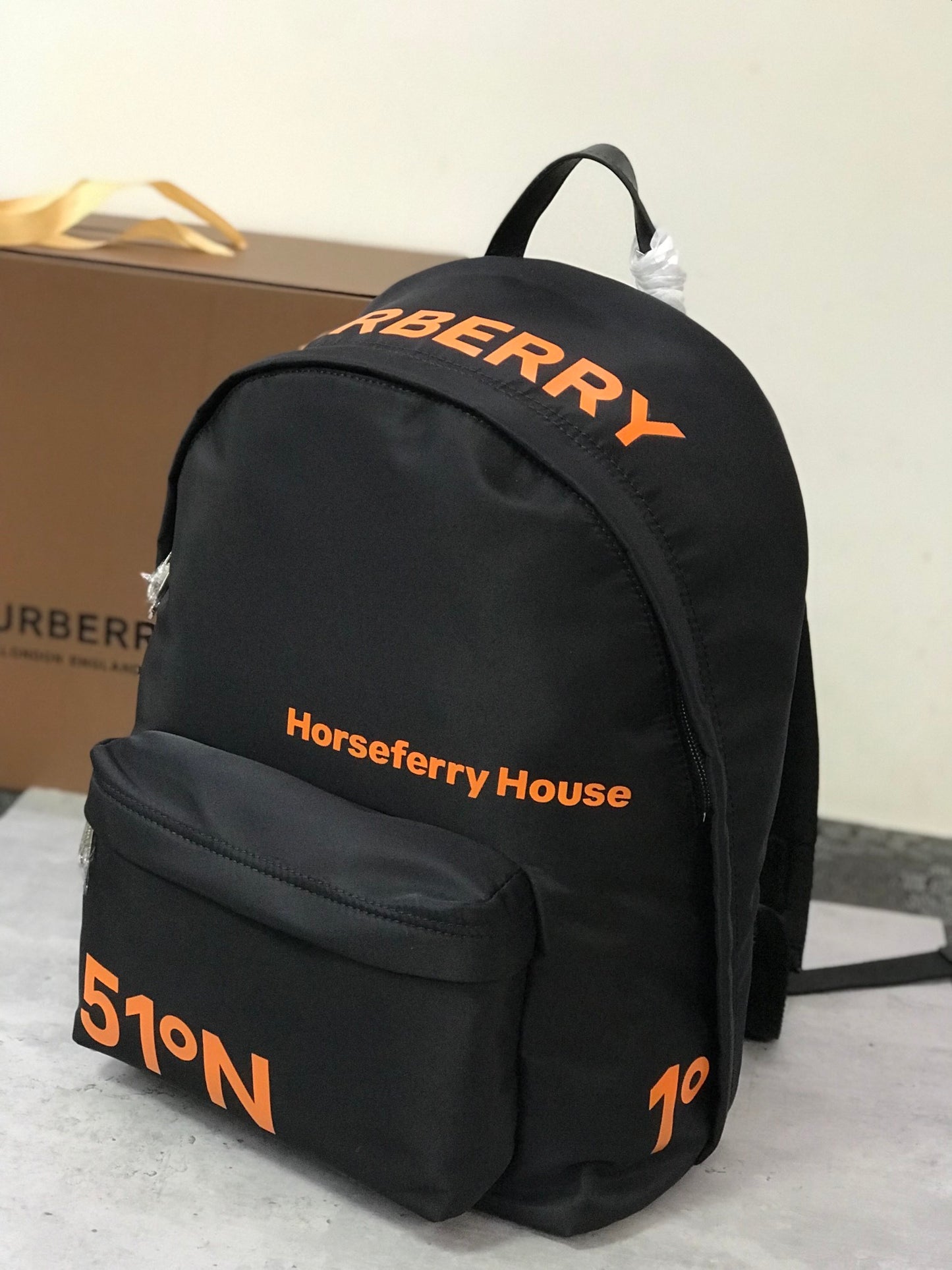 Burberry Coordinates-Print Black Backpack with Orange Logo