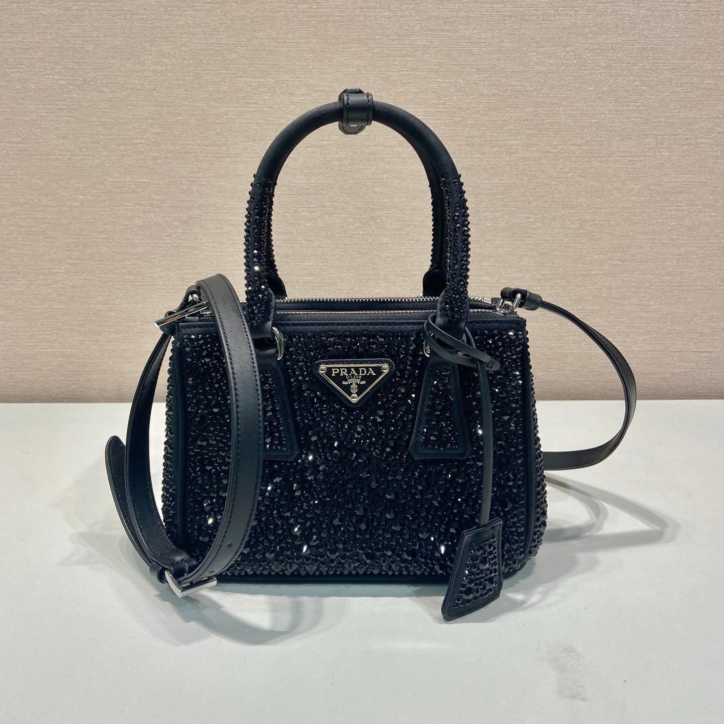 Prada Galleria Mini Satin Bag – Black with Crystals