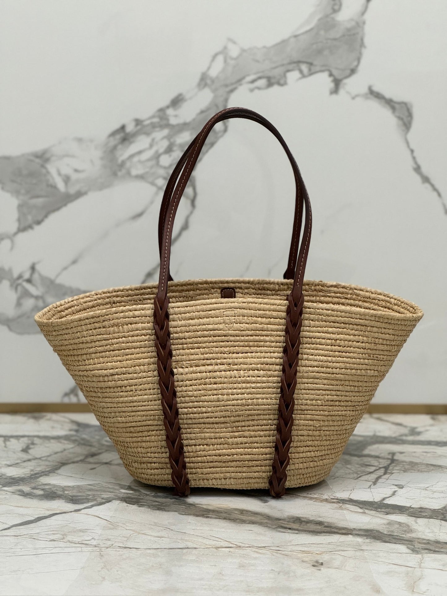 Prada Logo Leather-Trimmed Raffia Basket Bag – Natural/Beige & Cognac with Braided Leather Handles