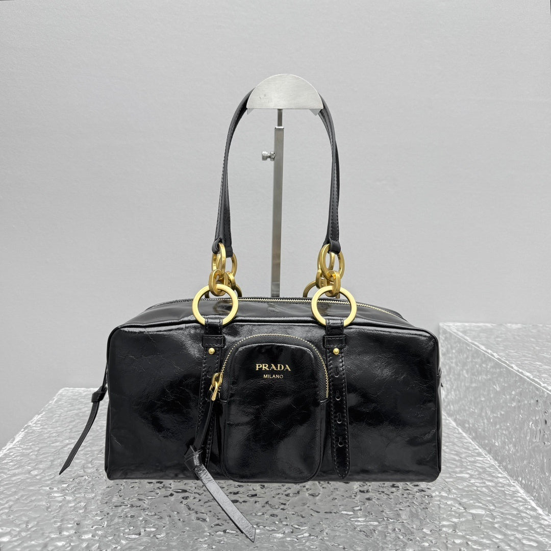 Prada Dangle Medium Black Leather Top Handle Shoulder Bag