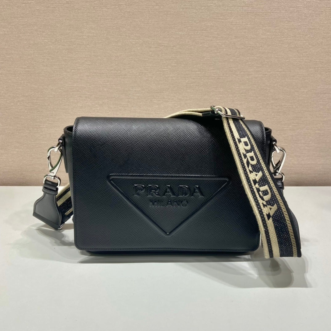 Prada Black Saffiano Leather Shoulder Bag with Detachable Woven Strap