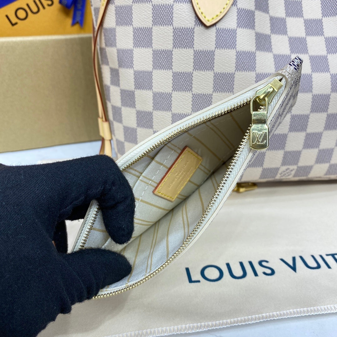 Louis Vuitton Neverfull PM Tote – Damier Azur Canvas with Cowhide Trim