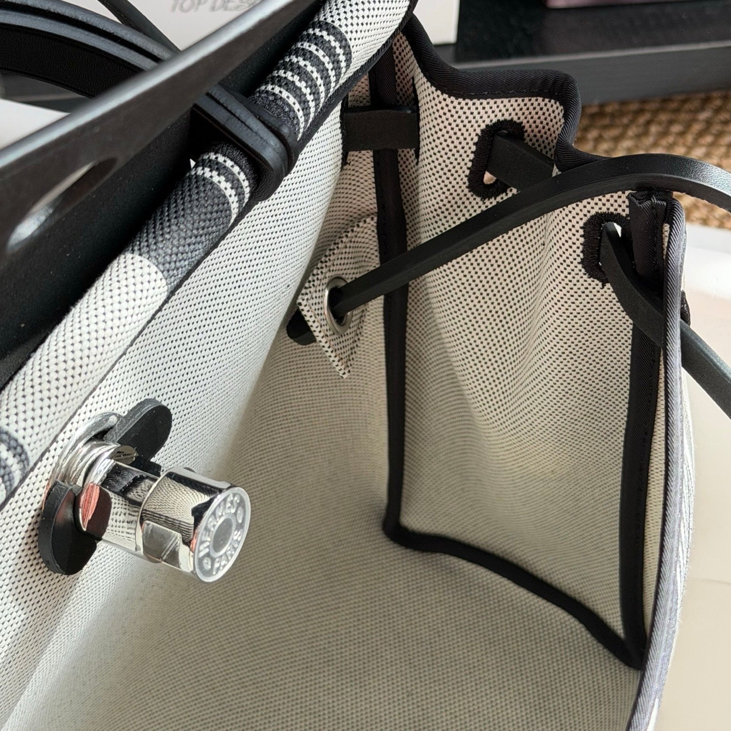 Hermès Herbag Zip 31 Striped Canvas Black Leather
