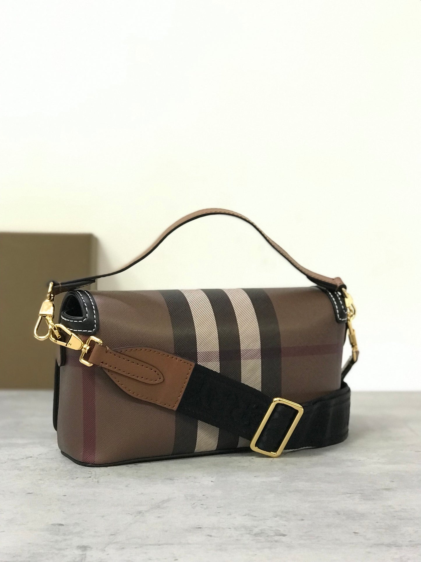 Burberry Note Bag with Iconic Check Pattern and Smooth Leather Trim