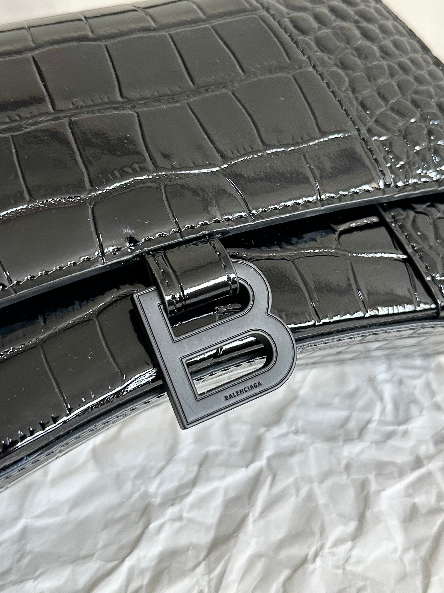 Balenciaga Hourglass Croc-Embossed Black Luxury Handbag