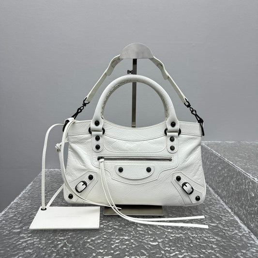 Balenciaga Le City Studded White Leather Satchel