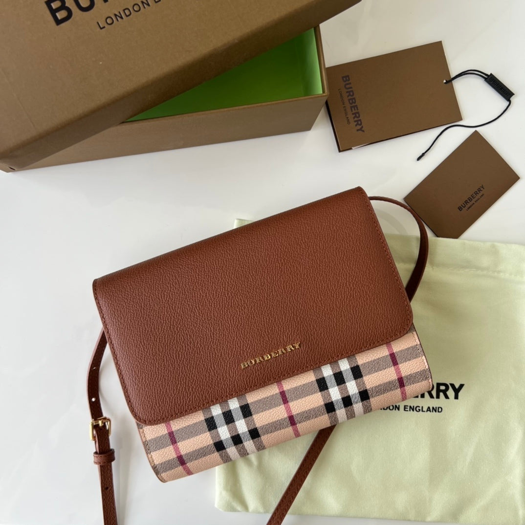 Burberry Haymarket Check Coated Canvas Loxley Small Crossbody Bag in Bright Toffee