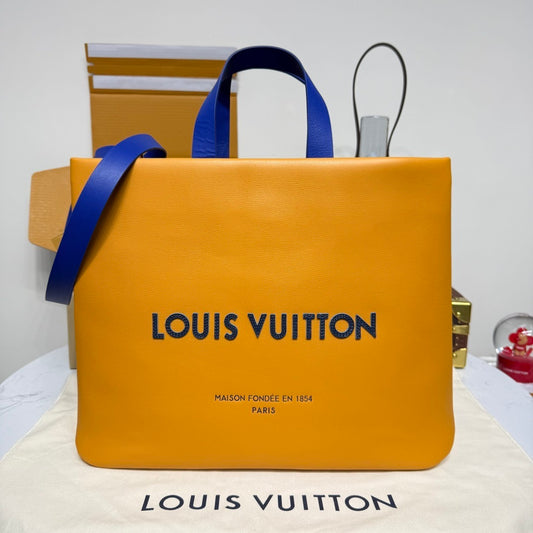Louis Vuitton Shopper Tote MM – Saffron Cowhide Leather with Blue Shoulder Strap