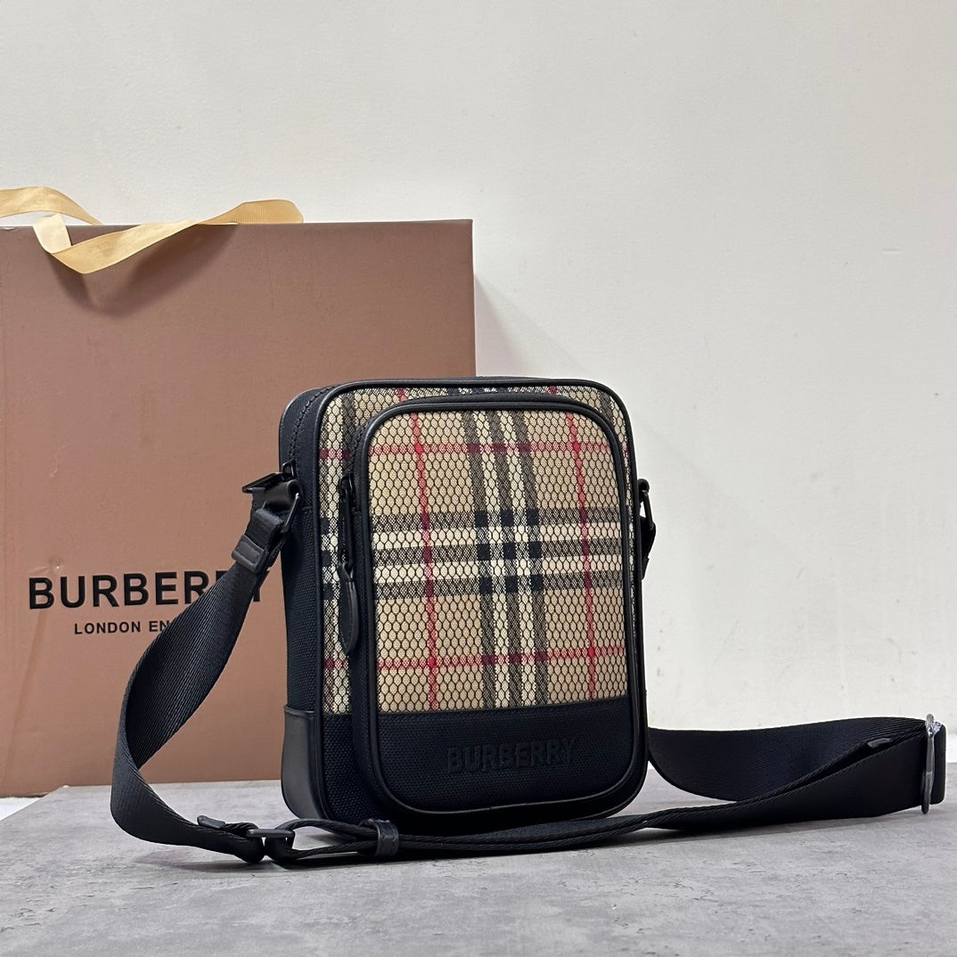 Burberry Freddie Crossbody Bag in Archival Beige Check with Black Mesh Overlay