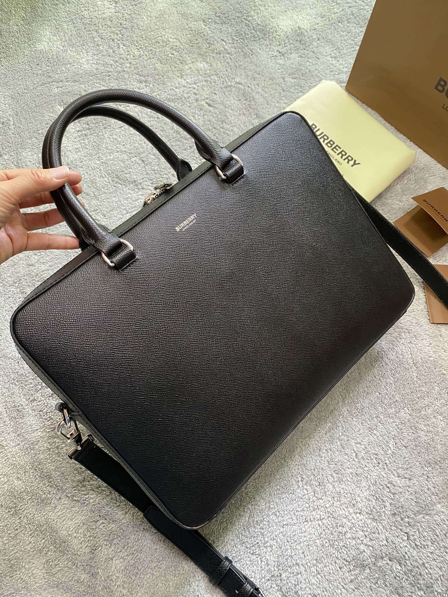 Burberry Black Grained Leather Briefcase with Silver Logo Plaque