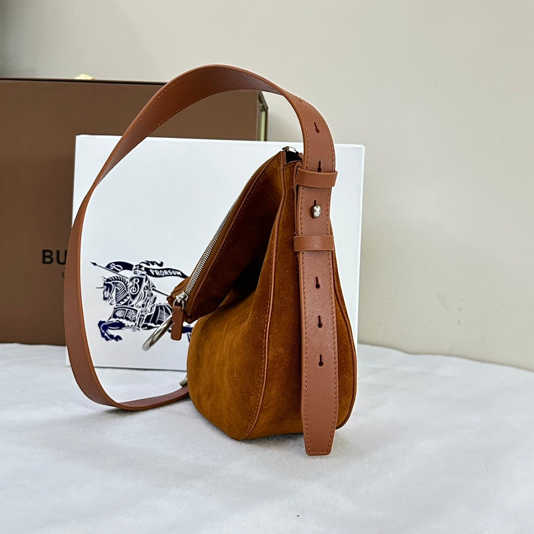 Burberry Knight Small Brown Suede Shoulder Bag with Silver Ring Detail