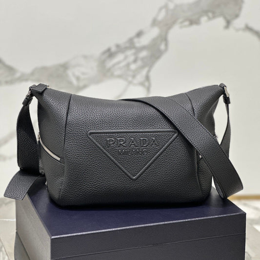 Prada Black Leather Debossed Logo Crossbody Bag