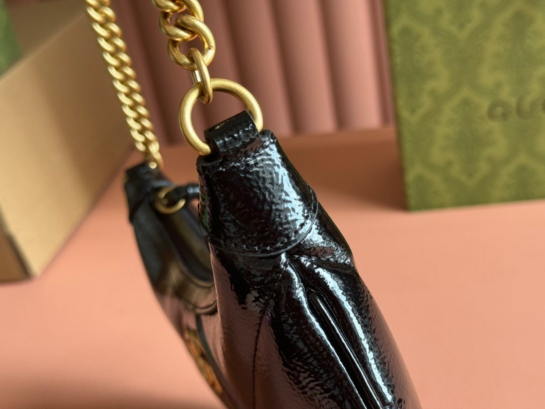 Gucci GG Marmont Small Shoulder Bag in Black Patent Chevron Leather
