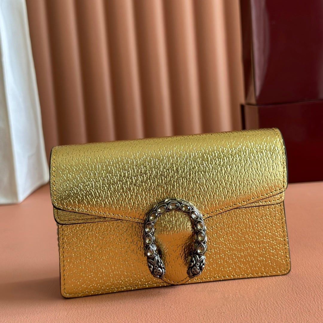 Gucci Dionysus Super Mini Gold Leather Bag with Crystal Tiger Head Closure