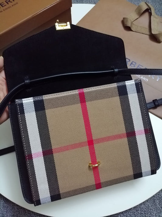 Burberry Macken Check Canvas Crossbody Bag with Gold-Tone Clasp