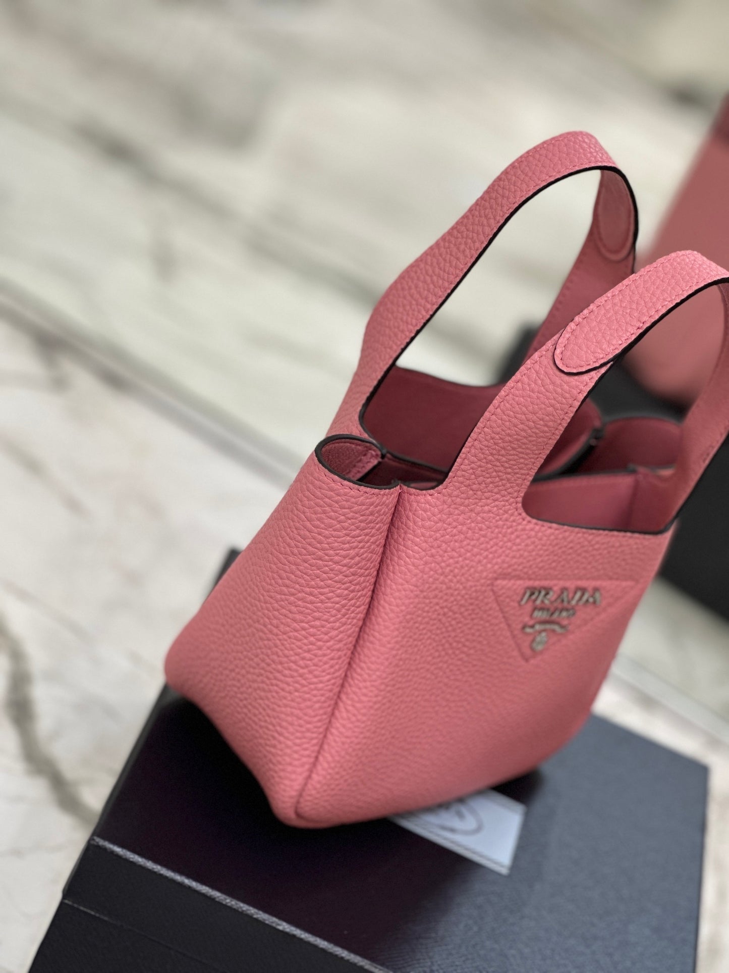 Prada Grained Leather Mini Tote Bag – Petal Pink with Logo Plaque