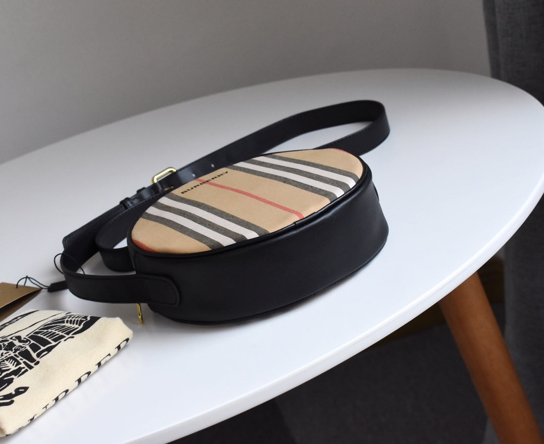 Burberry Louise Icon Stripe E-Canvas Round Crossbody Bag with Black Leather Trim