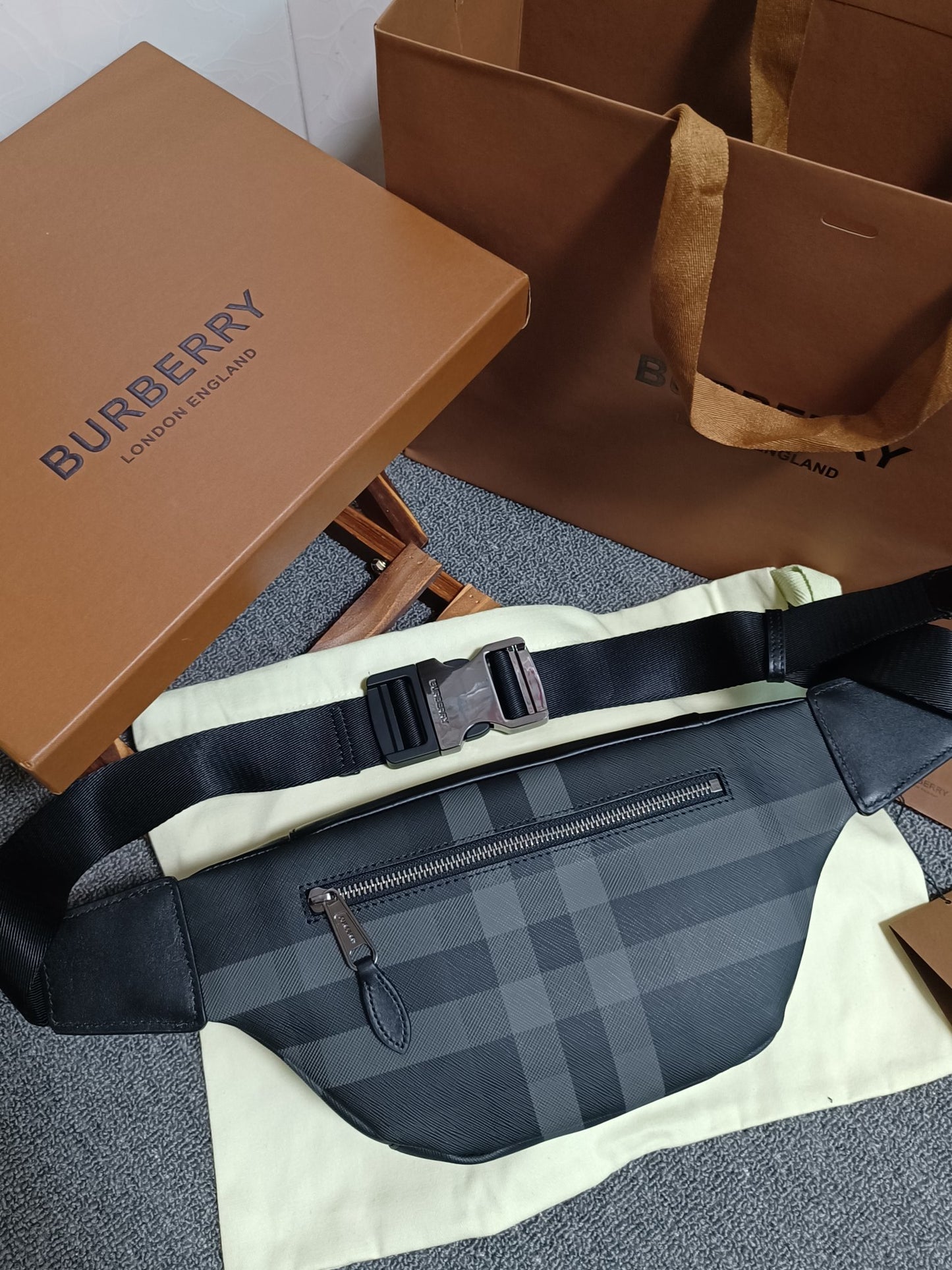 Burberry Sonny Belt Bag in Black Charcoal Check Canvas with Leather Trim