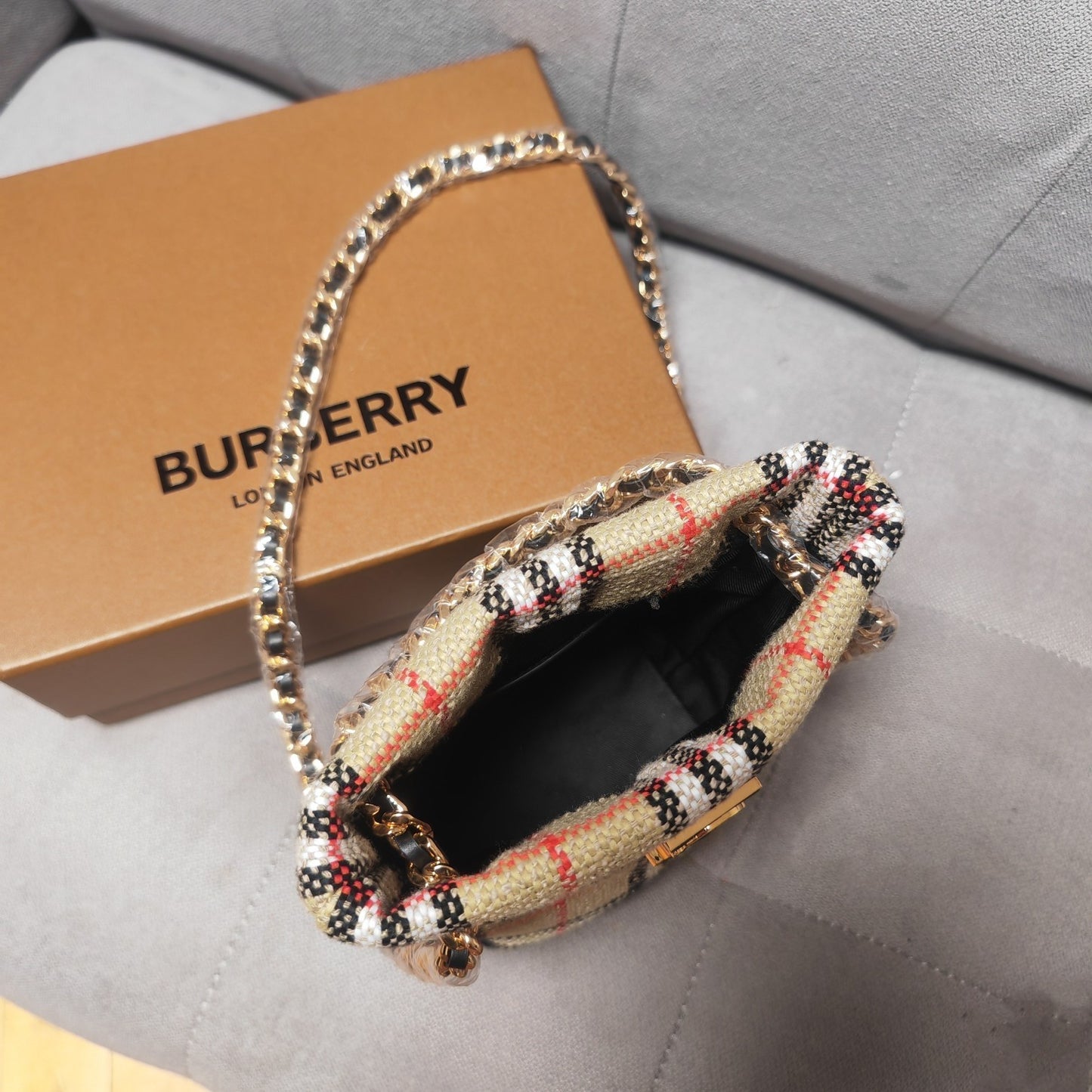 Burberry Mini Lola Bucket Bag in Archive Beige Vintage Check Bouclé