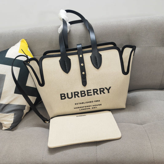 Burberry Medium Soft Canvas & Leather Belt Tote with Horseferry Logo