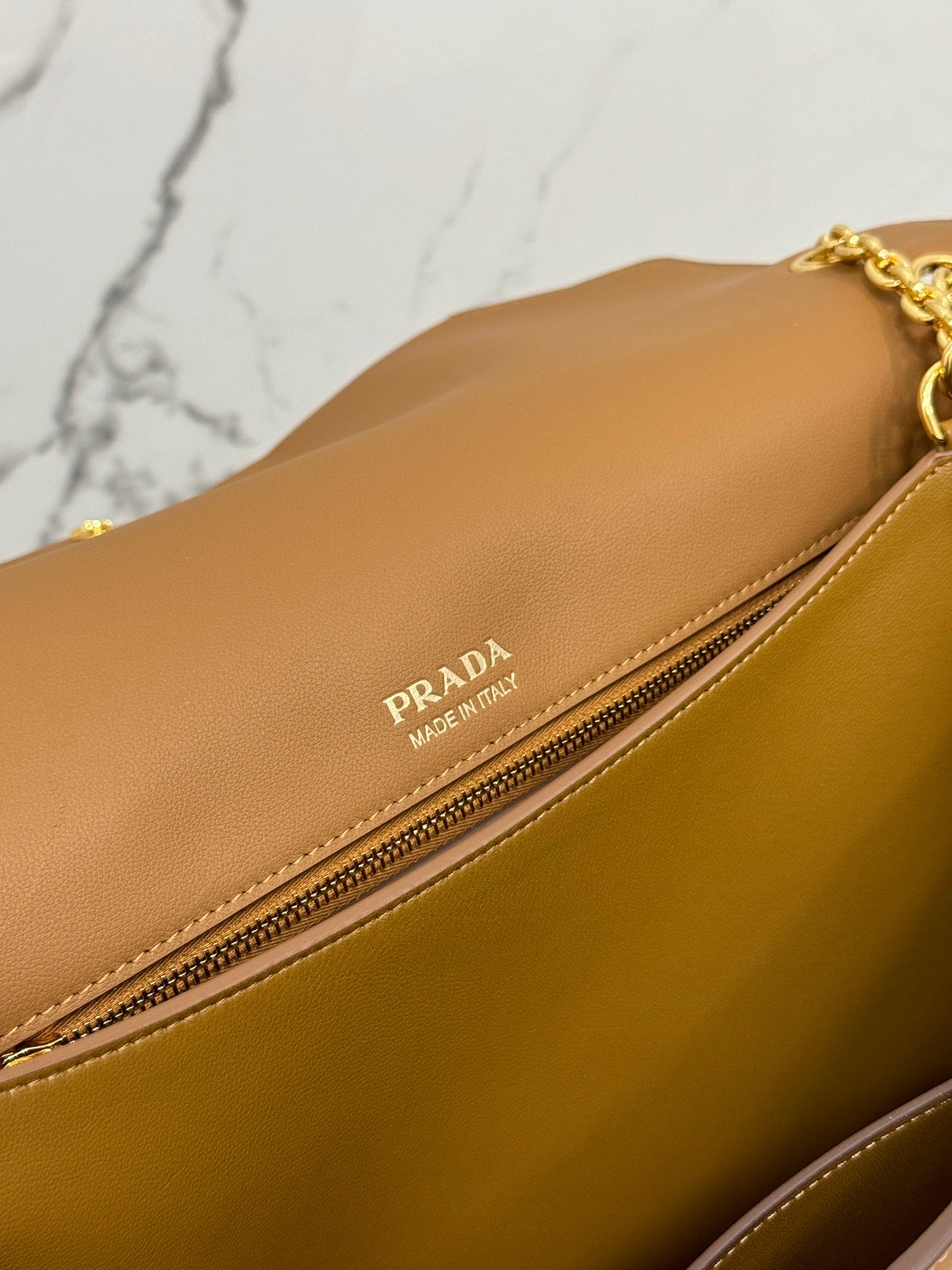 Prada Doux Shoulder Bag – Brown Calf Leather with Gold-Tone Chain Strap