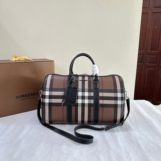 Burberry Boston Duffle Bag Iconic Check Canvas with Leather Luggage Tag