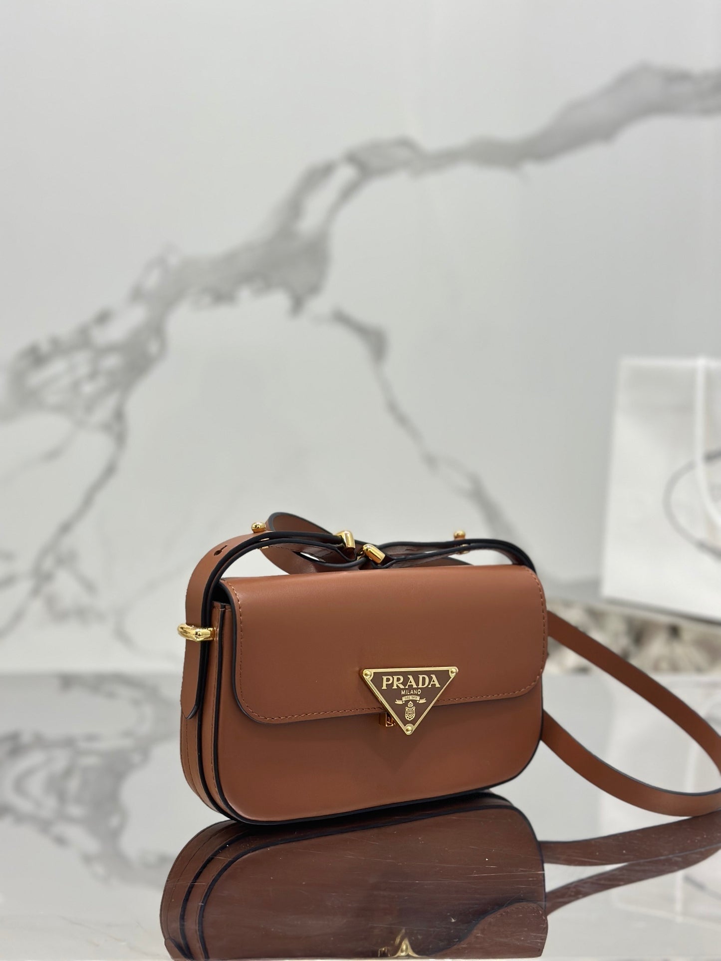 Prada Soft Calfskin Flap Shoulder Bag – Cognac with Metal Triangle Logo
