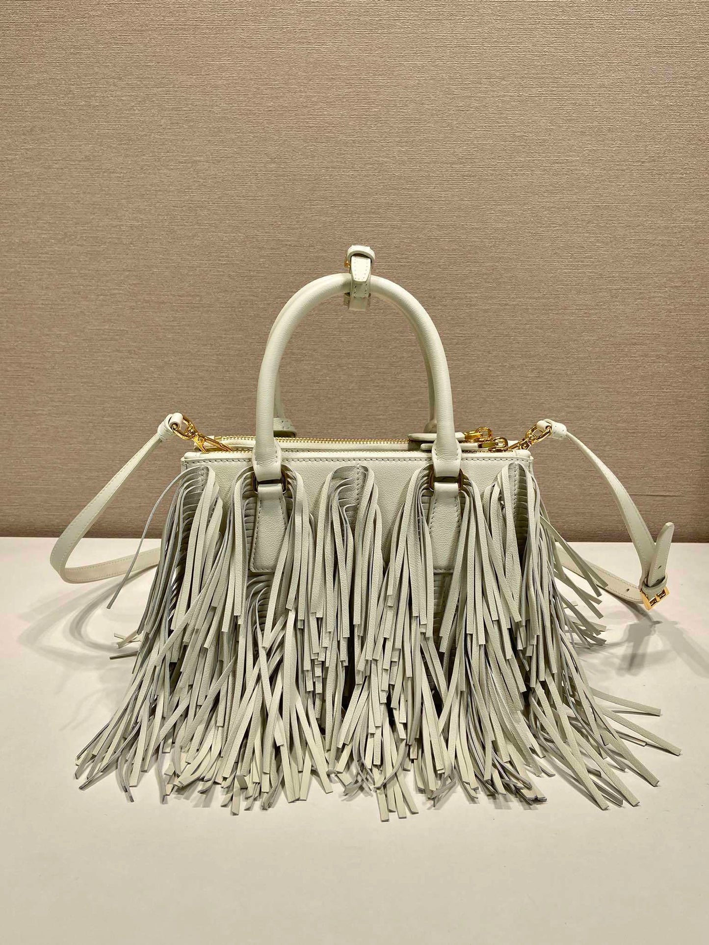 Prada Small Galleria White Tote Bag with Fringe Detailing