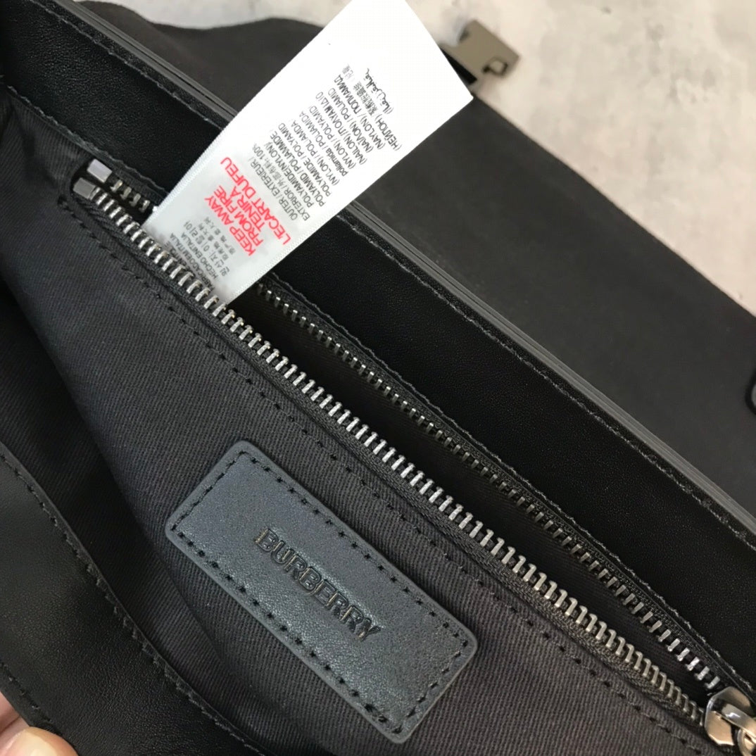 Burberry Black Charcoal Check Messenger Bag with Leather Trim
