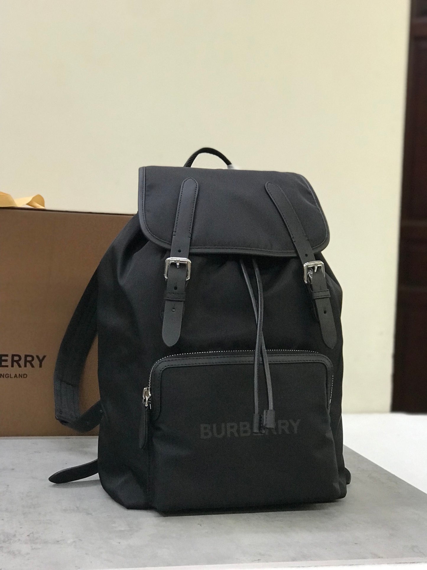 Burberry Logo Print Nylon Rucksack Black Backpack with Leather Straps