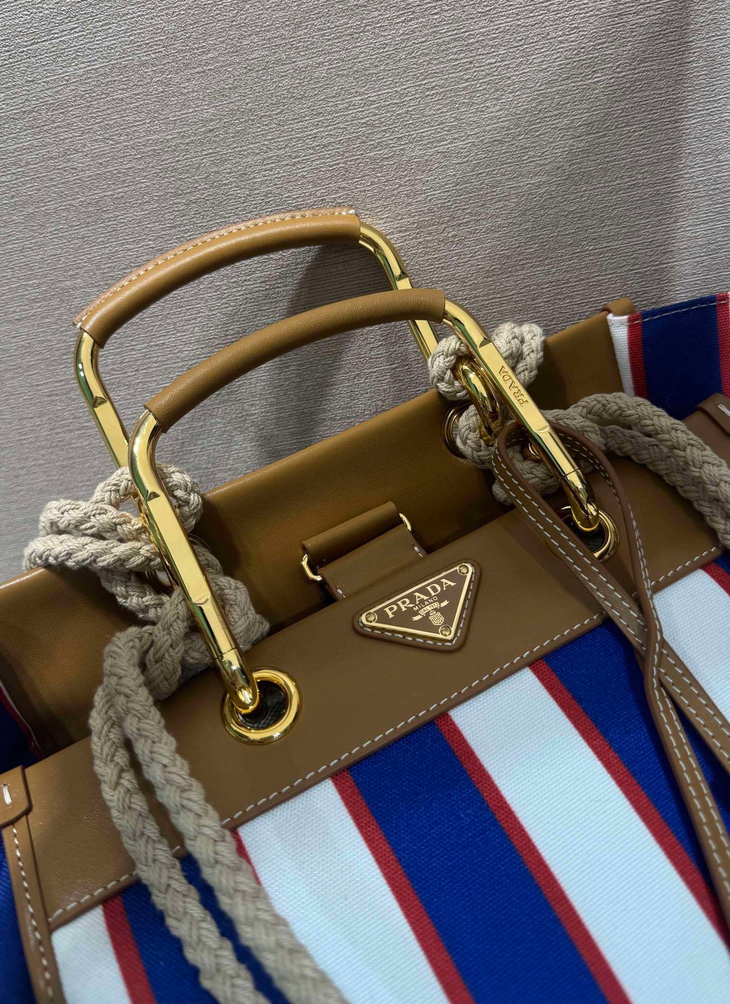 Prada Large Printed Canvas and Leather Tote Bag with Stripe Motif