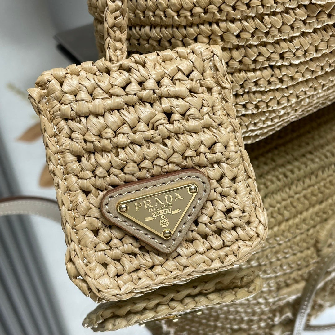 Prada Crochet Mini Bucket Bag – Beige Raffia with Leather Drawstring