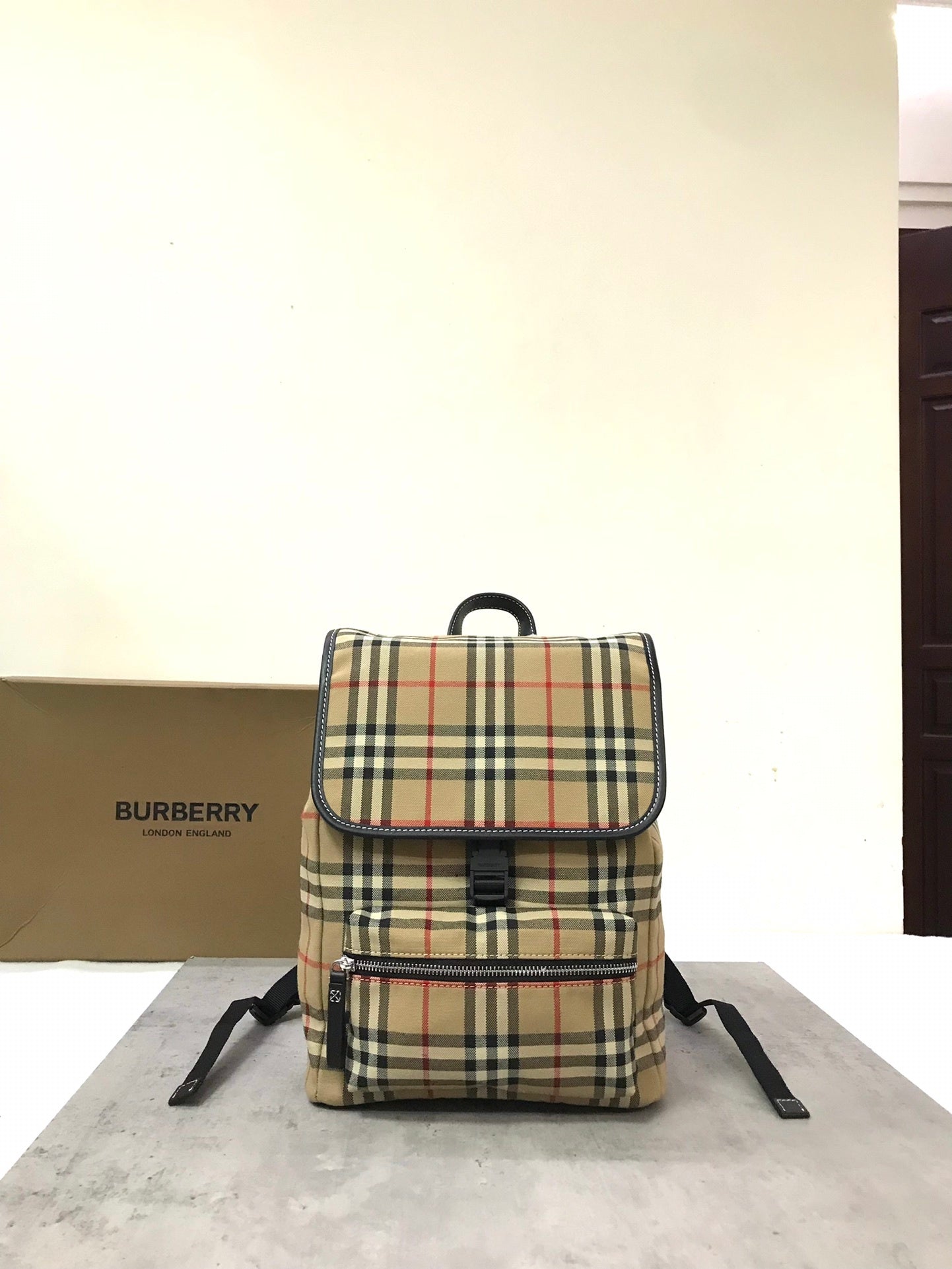 Burberry Vintage Check Backpack in Archive Beige with Leather Trim