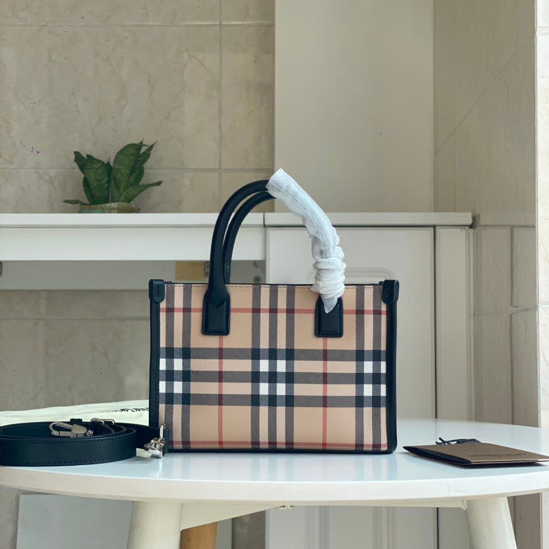 Burberry Mini Vintage Check & Leather Tote Archive Beige Luxury Bag