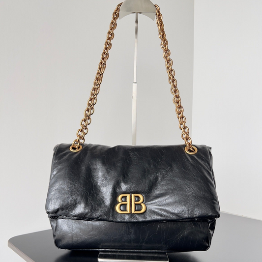 Balenciaga Monaco Black Crinkled Calfskin Shoulder Bag