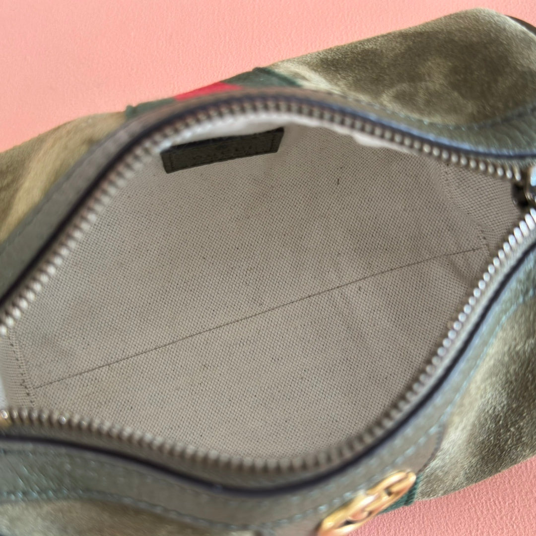 Gucci Ophidia Mini Bag in Olive Green Suede with Web Stripe