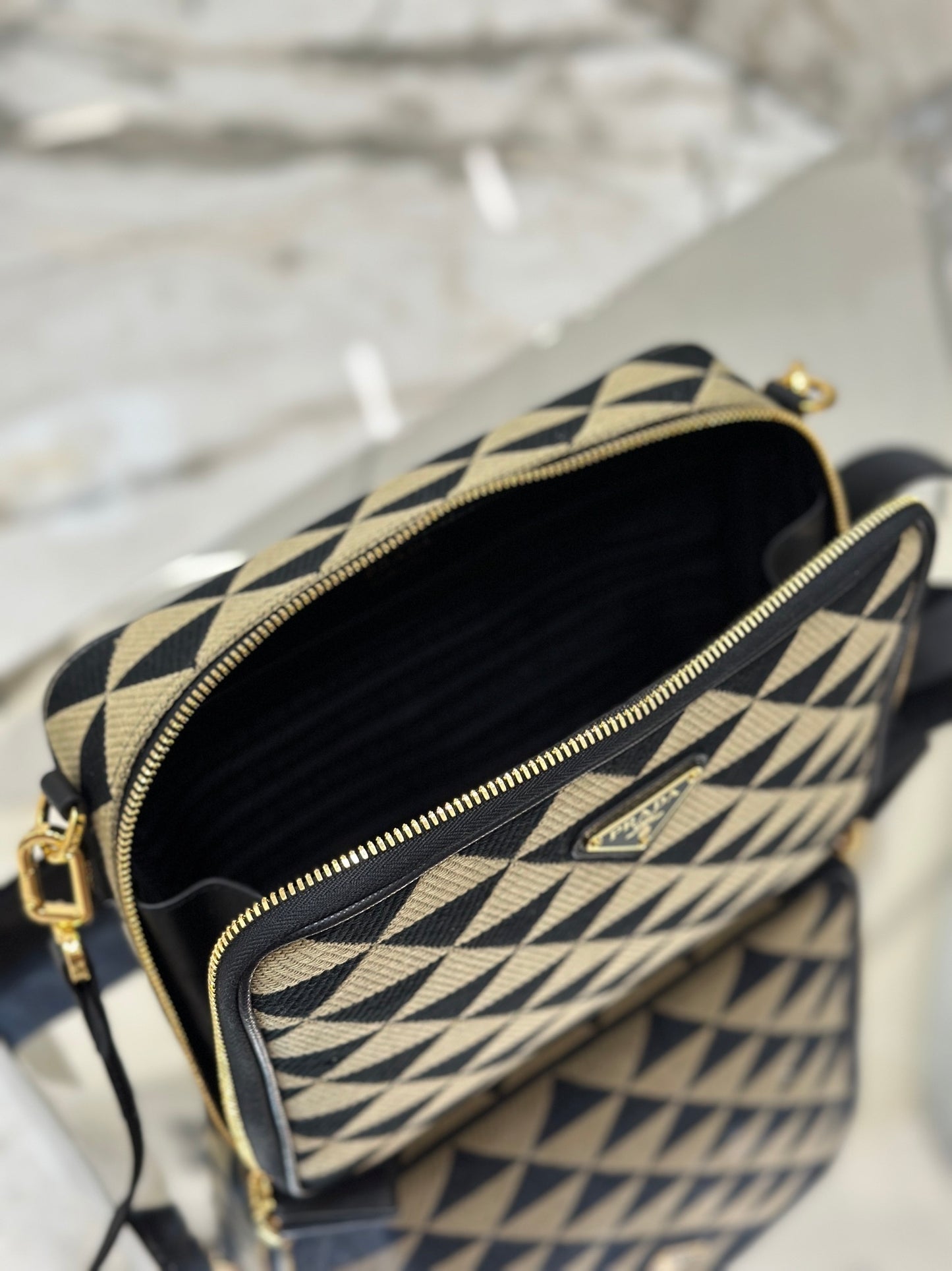 Prada Symbole Embroidered Fabric Messenger Bag in Black and Beige