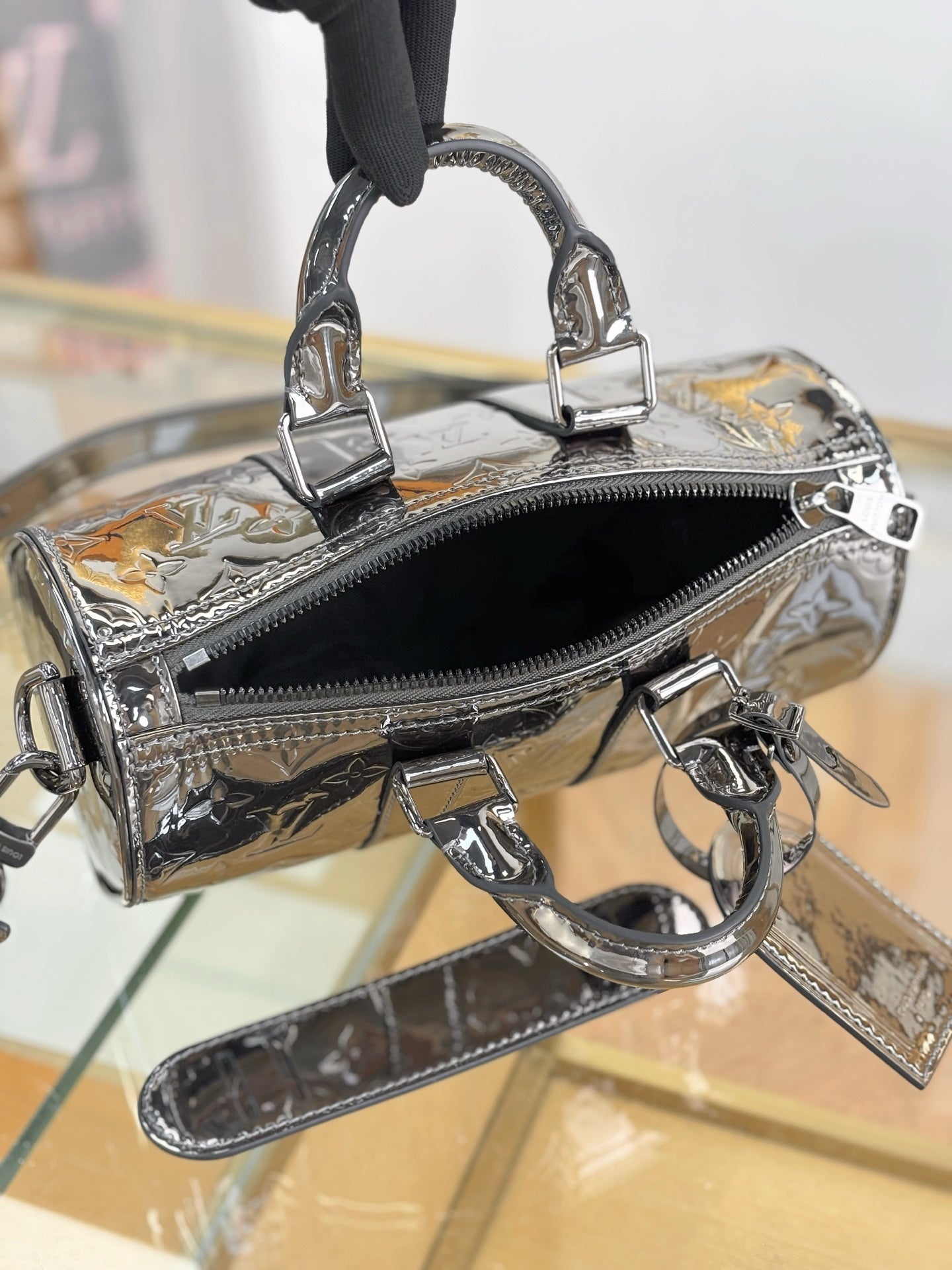 Louis Vuitton Keepall Bandoulière 25 Bag in Gunmetal Monogram Mirror Canvas