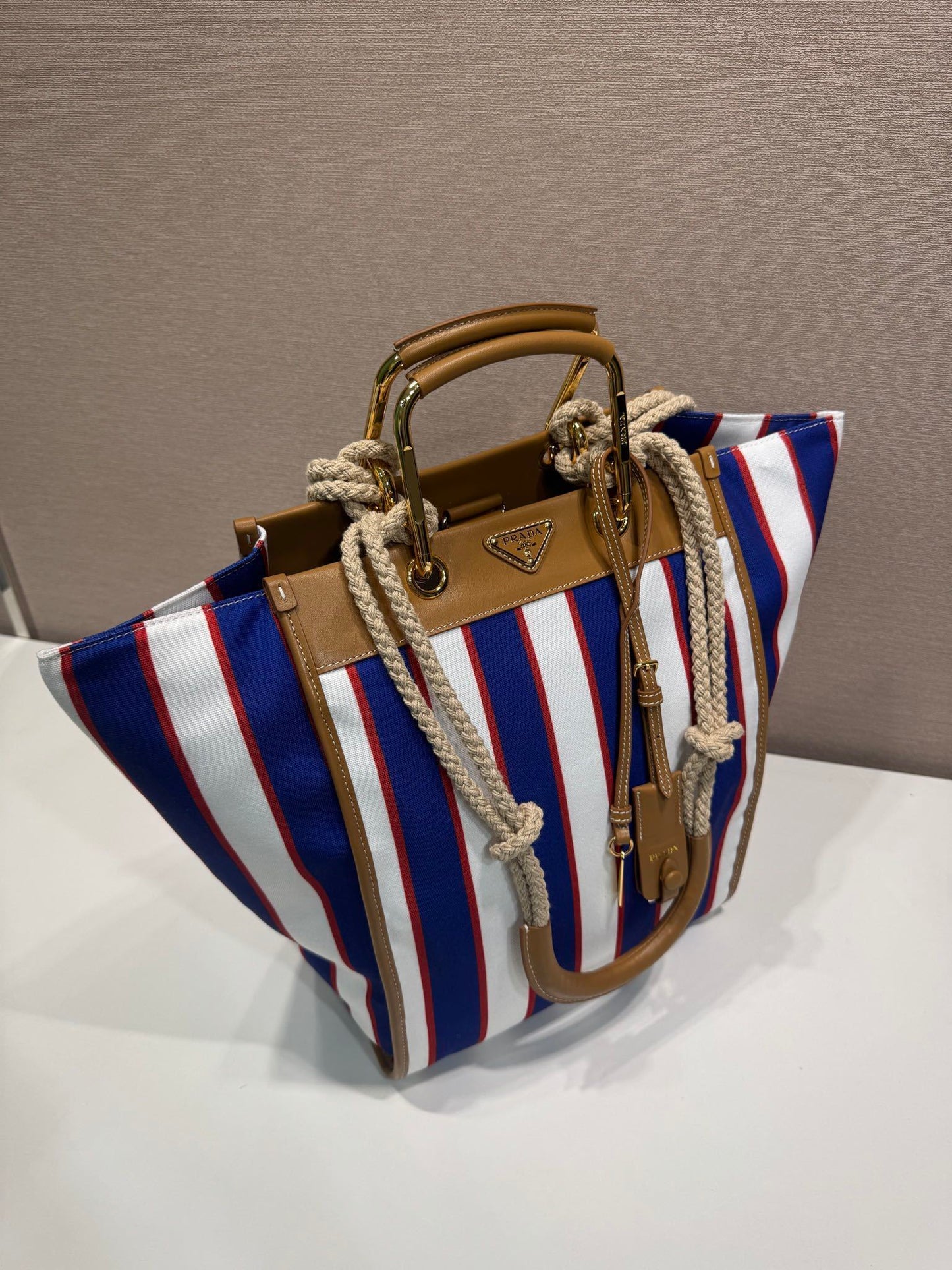 Prada Large Printed Canvas and Leather Tote Bag with Stripe Motif