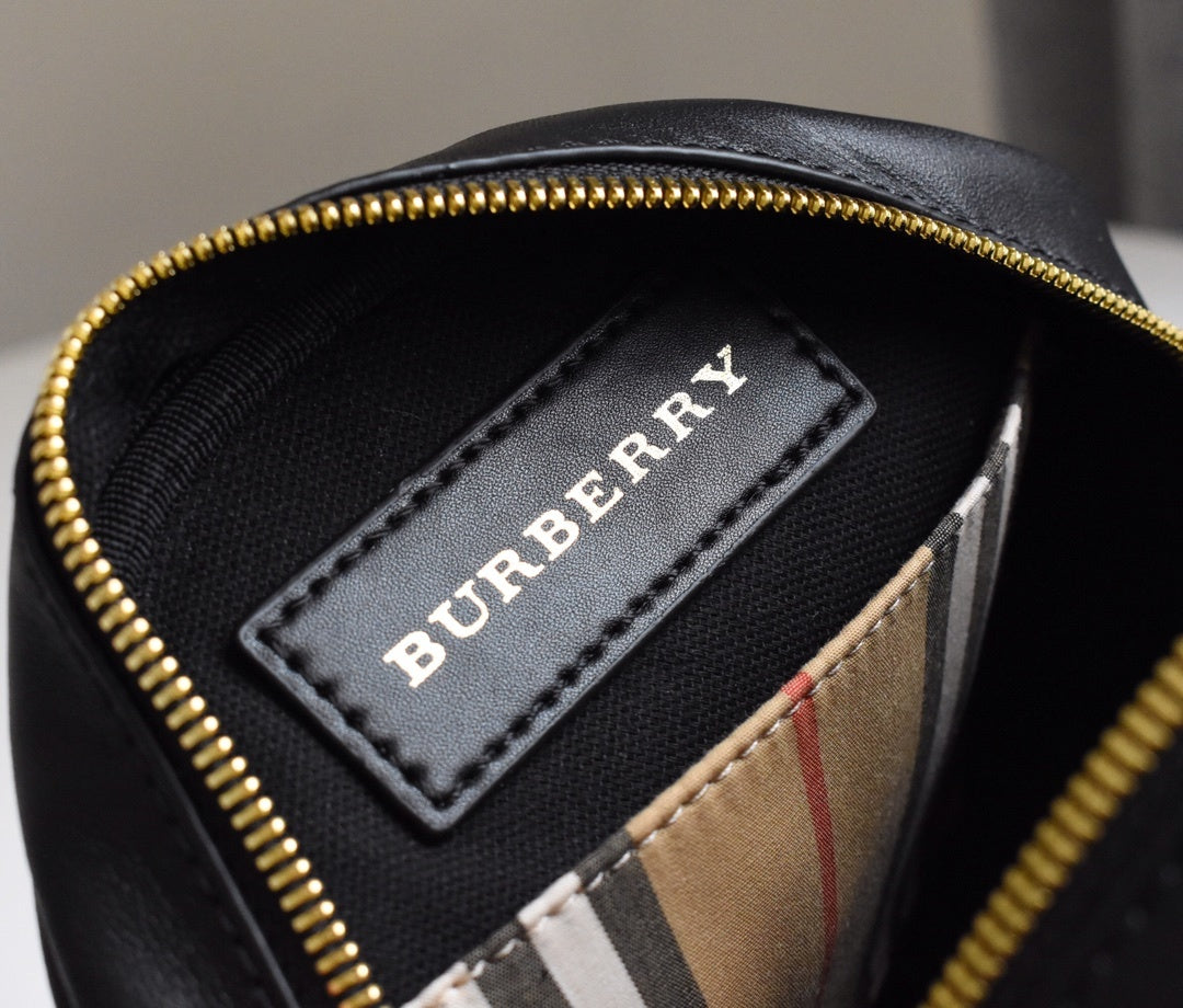 Burberry Louise Icon Stripe E-Canvas Round Crossbody Bag with Black Leather Trim