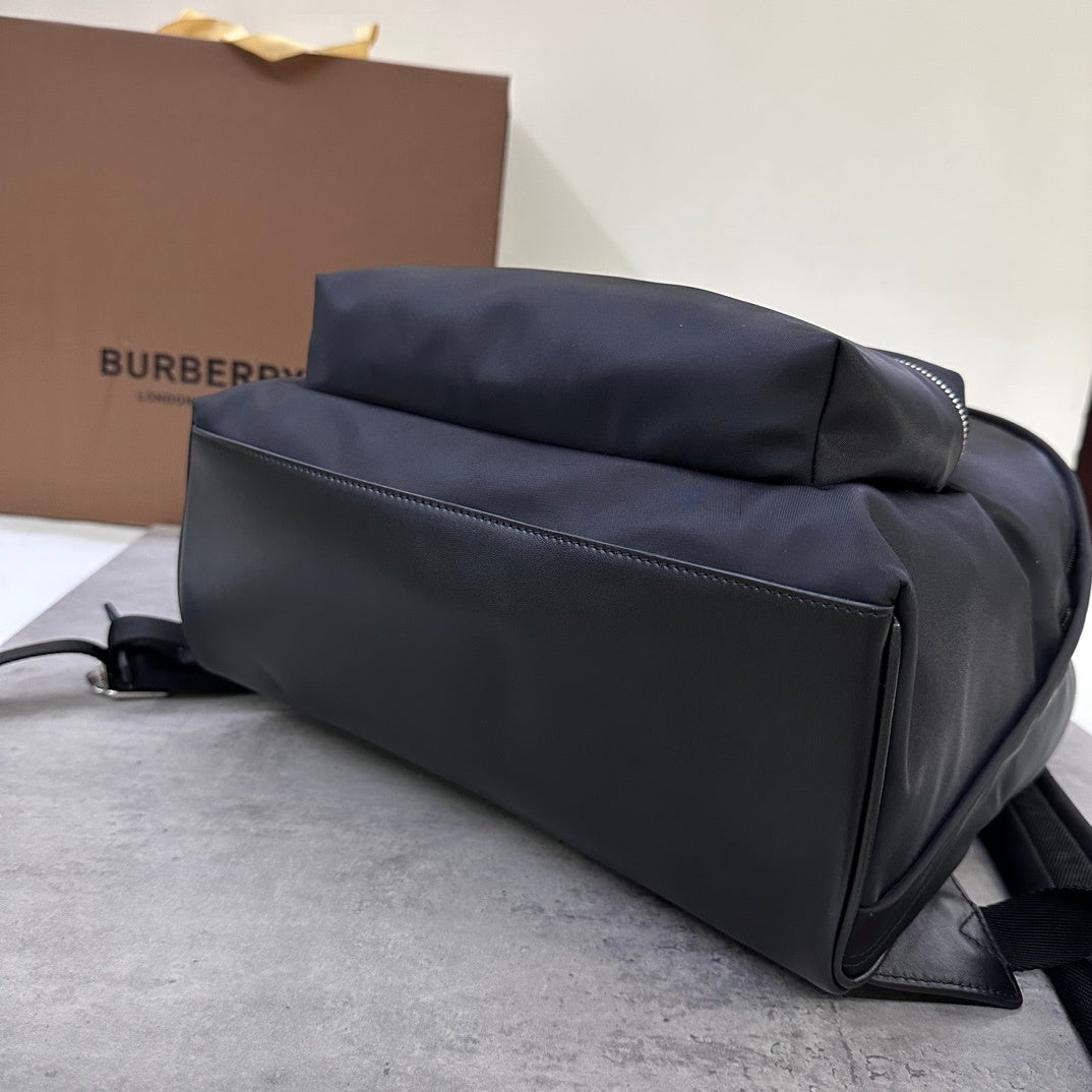 Burberry Black Nylon Backpack with Raised Logo and Leather Trim